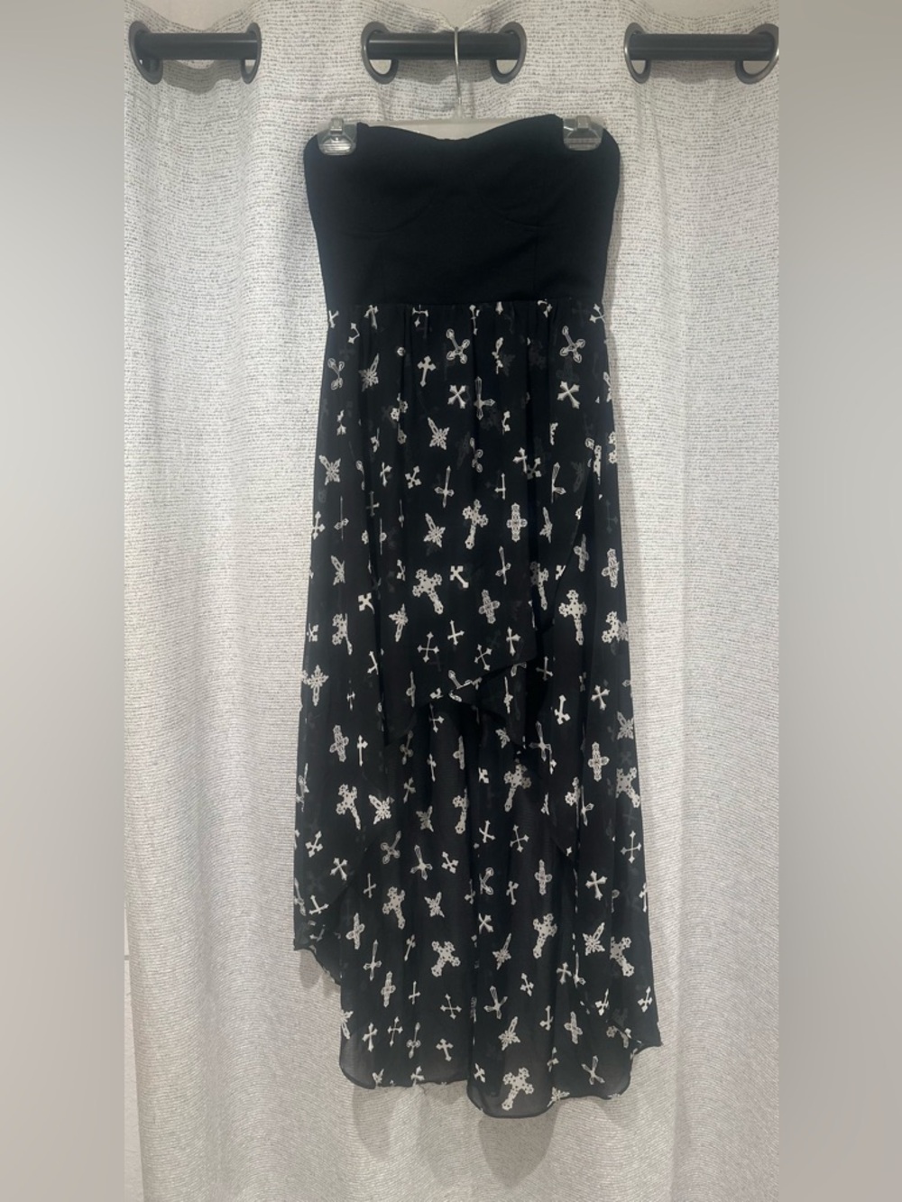 F21 Strapless Black Hi-Low Goth Grunge Rock Strapless Dress Cross Punk Y2K Sz M.
